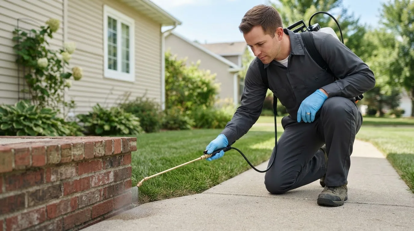 Pest control technician treating a home near La Luz, NM